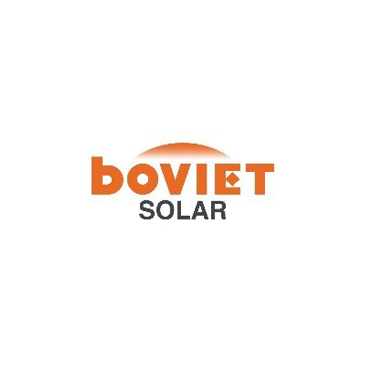 A Boviet Solar USA logo displays a stylized sun icon representing solar energy solutions with a white background