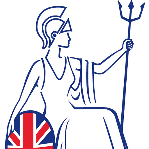 A stylized figure wearing a red and white Union Jack helmet sits upright holding a trident suggesting Bradshaw International