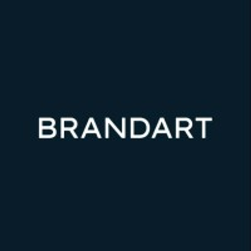 A stylized dark blue logo featuring a white abstract shape resembling a flame or brand mark It represents brandart