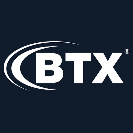 BTX logo in white against a solid dark background depicting the companys brand identity