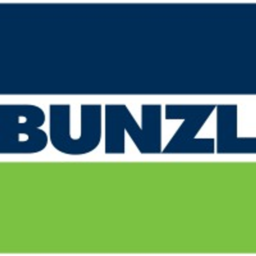 Bunzl logo image displays the companys branding with a green stripe and blue background featuring the Bunzl name and logo