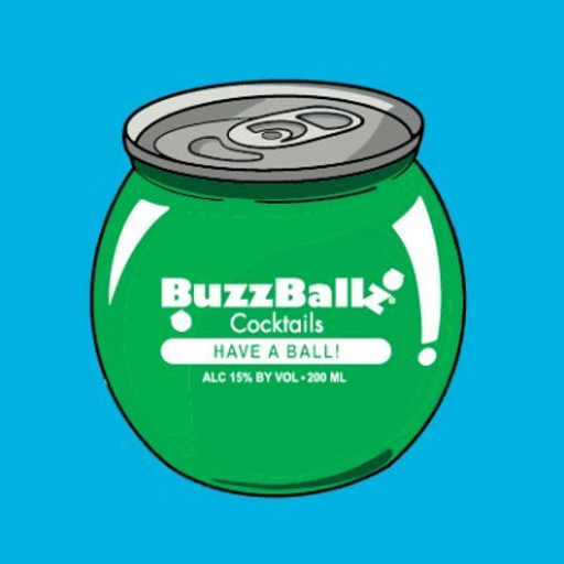 A silver can with the BuzzBallz logo prominently displayed features a stylized bouncing ball design and the company name