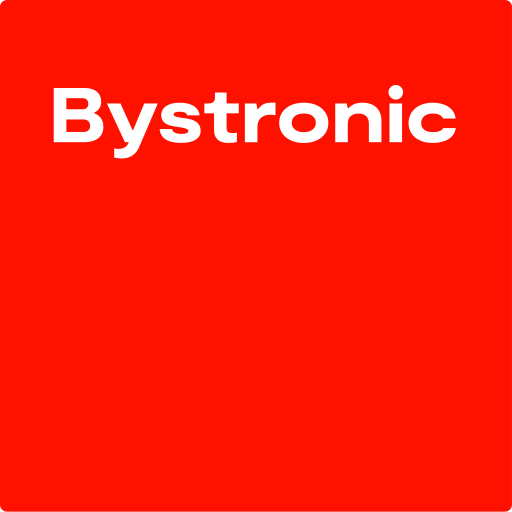 A bystronic Inc logo features a stylized blue wrench icon superimposed on a white background with bystronic text below it