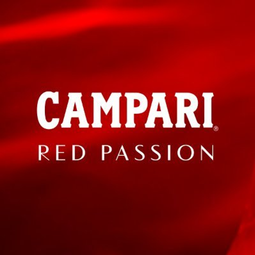 The Campari America logo is prominently displayed in vibrant red against a dark background featuring the brands iconic design