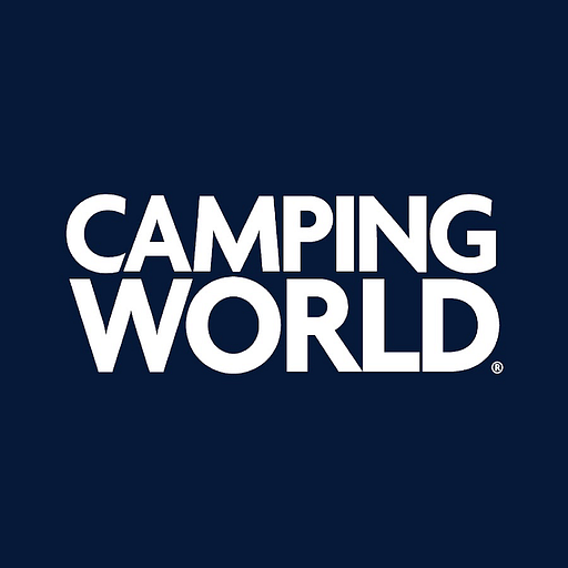 Camping World logo features the brand name in bold white lettering against a dark background The logo is a classic design