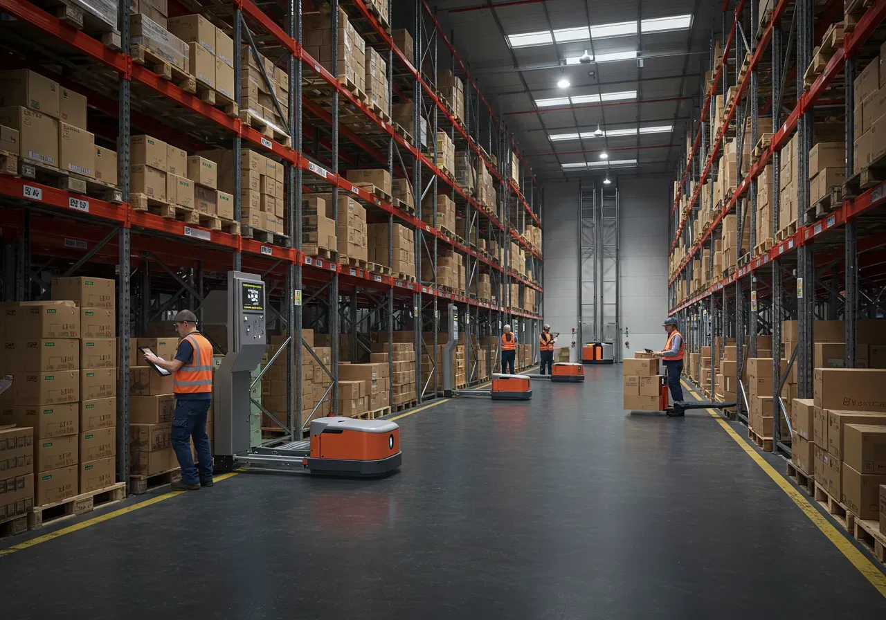 Automated case picking machinery in a warehouse