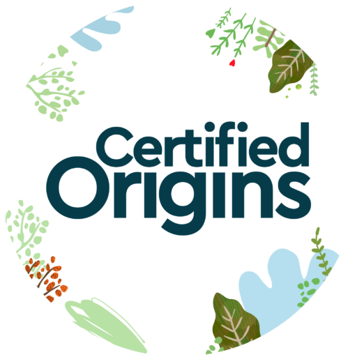 Certified Origins Inc logo features a vibrant green leaf design against a light blue background