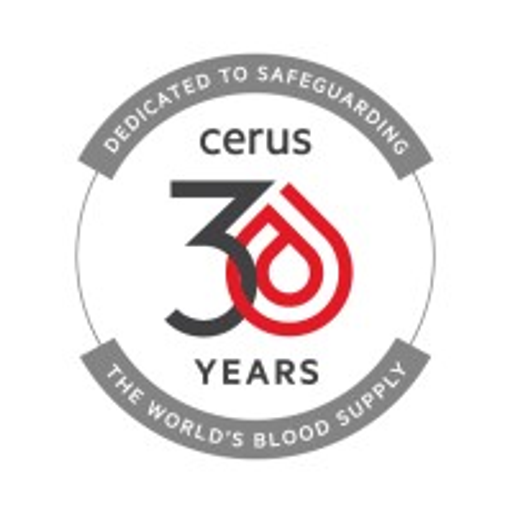 Cerus Corporation logo featuring a red circle with a stylized stylized red blood cell within it and the text 30 Years below