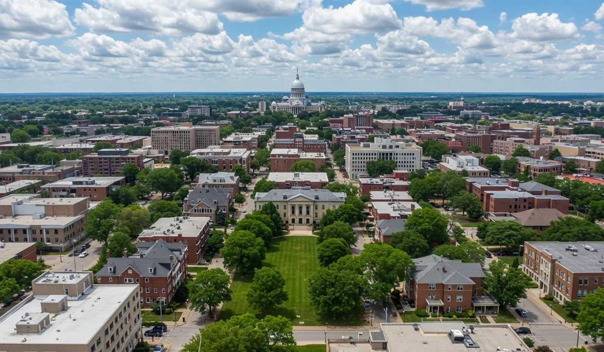 A sprawling aerial view captures the University of Illinois at UrbanaChampaigns historic campus featuring stately buildings