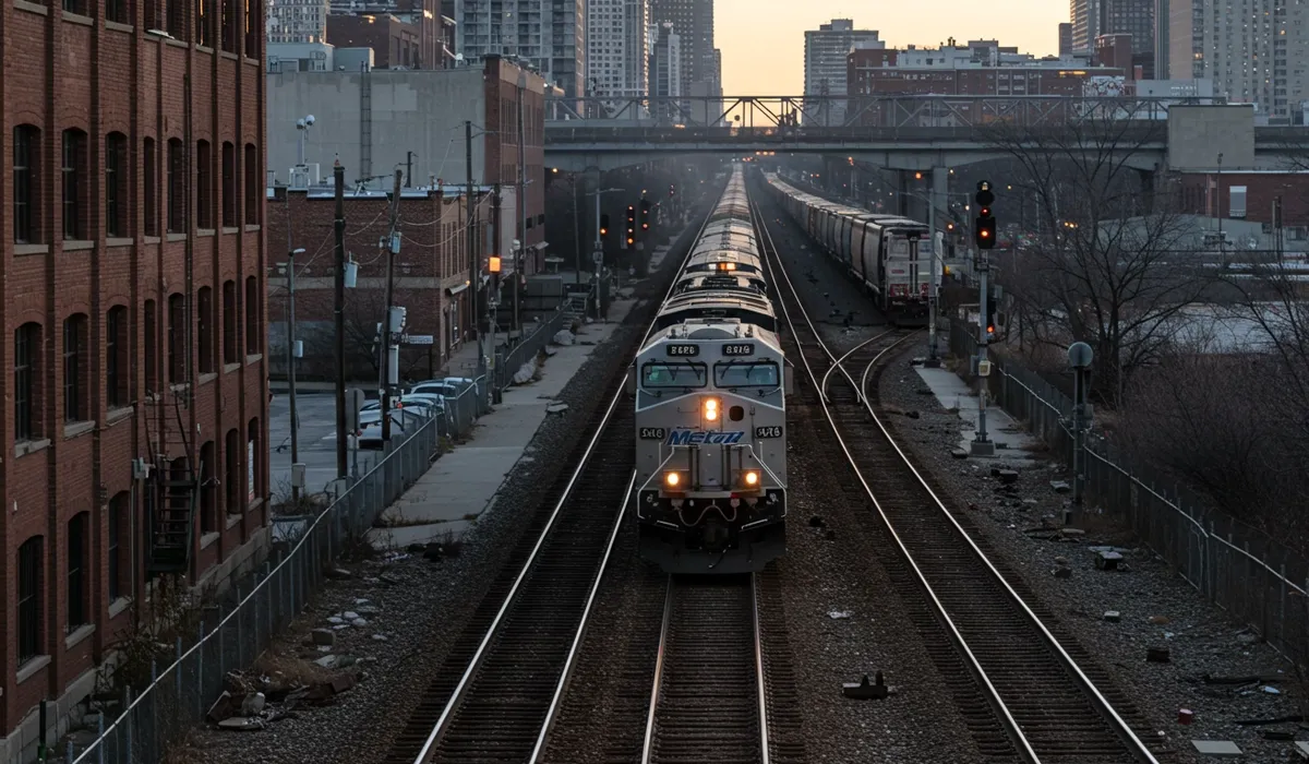 A freight train travels down a set of tracks lined with tall brick buildings in Champaign Illinois The scene features a gray