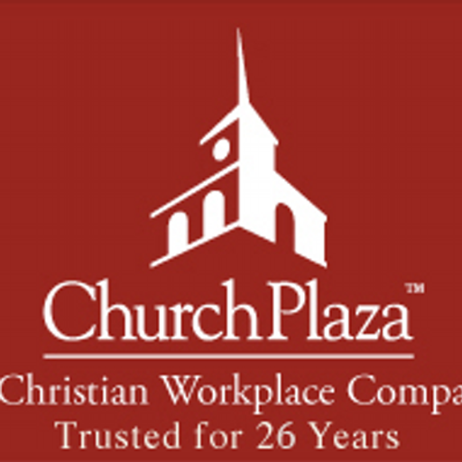 A white church plaza logo featuring a classic steeple and arched windows representing a place of worship
