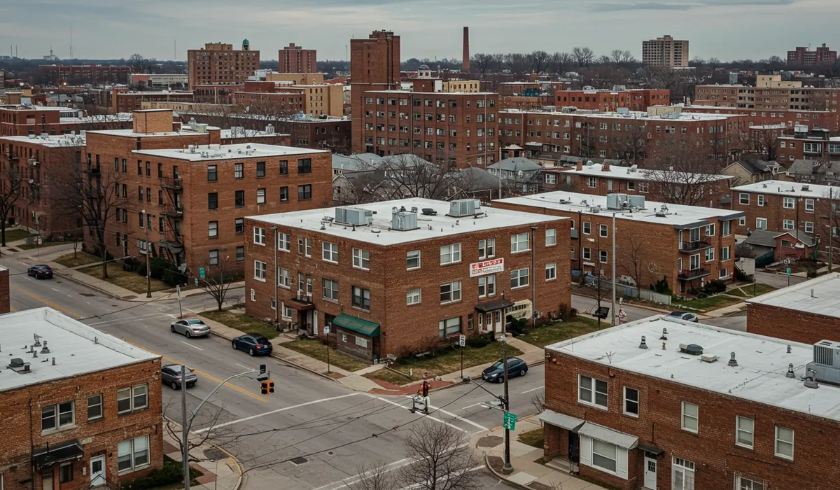 Rows of brick townhouses dominate the view in Cicero Illinois A street lined with parked cars winds through the residential