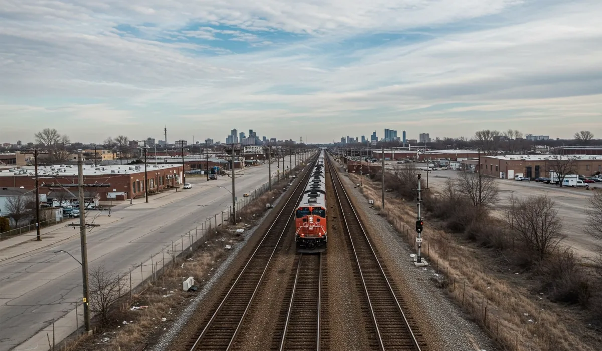 A freight train extends along a gray industrial track under a cloudy sky overlooking empty buildings in Cicero Illinois