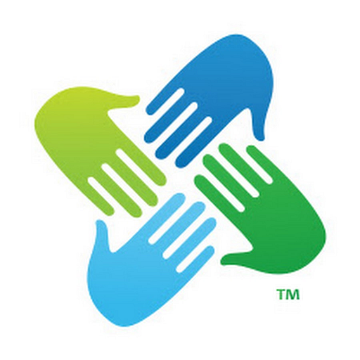 Two hands in blue and green gently touch signifying interactive technology and connection a clear touch logo