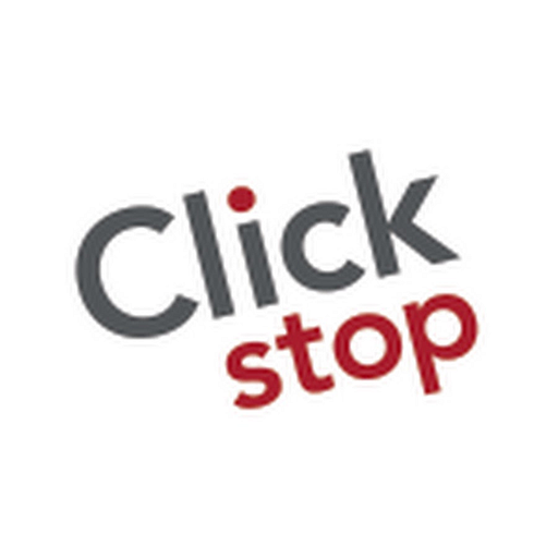 Clickstop inc logo features a red and white stylized stop sign with the company name in bold black lettering