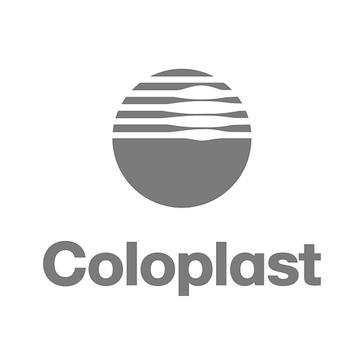 The Coloplast logo featuring a stylized blue and white wave design represents the companys focus on healthcare solutions