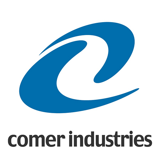 The Comer Industries Inc logo features a bold blue stylized circle representing the companys brand identity