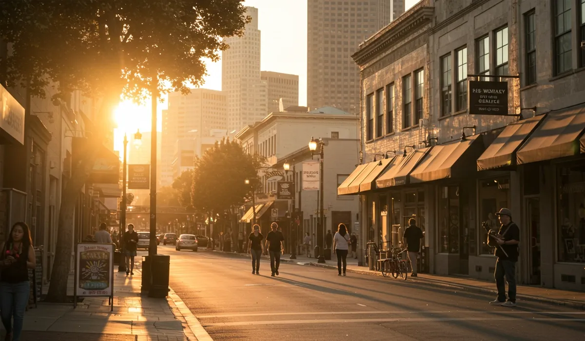 A sunny street scene shows pedestrians walking along a sidewalk lined with buildings and storefronts