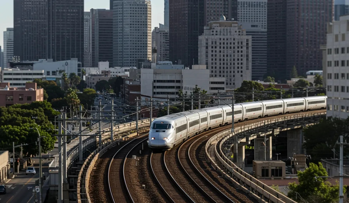 A sleek white highspeed train curves along a track through a modern cityscape of buildings and elevated supports