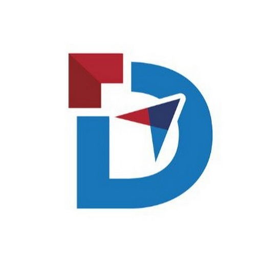 A stylized blue and red logo featuring a compass symbol representing health and brands with a rounded triangle design