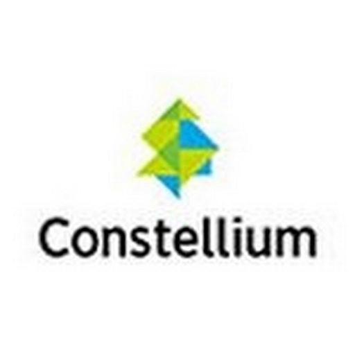 Constellium logo featuring a stylized depiction of rolled metal products in vibrant green and gray tones