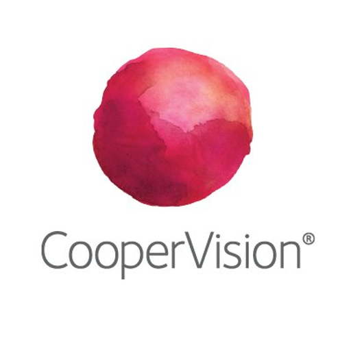 A watercolor logo of CooperVisions eye icon with a vibrant red color and a stylized eye shape signifying vision care