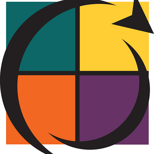 A stylized logo features a circular emblem divided into four distinct color sectionsorange purple teal and grayrepresenting