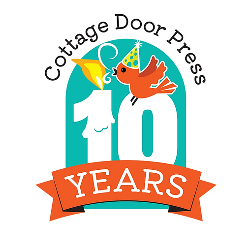 A cartoon cottage door is depicted with a red banner and the text Cottage Door Press LLC