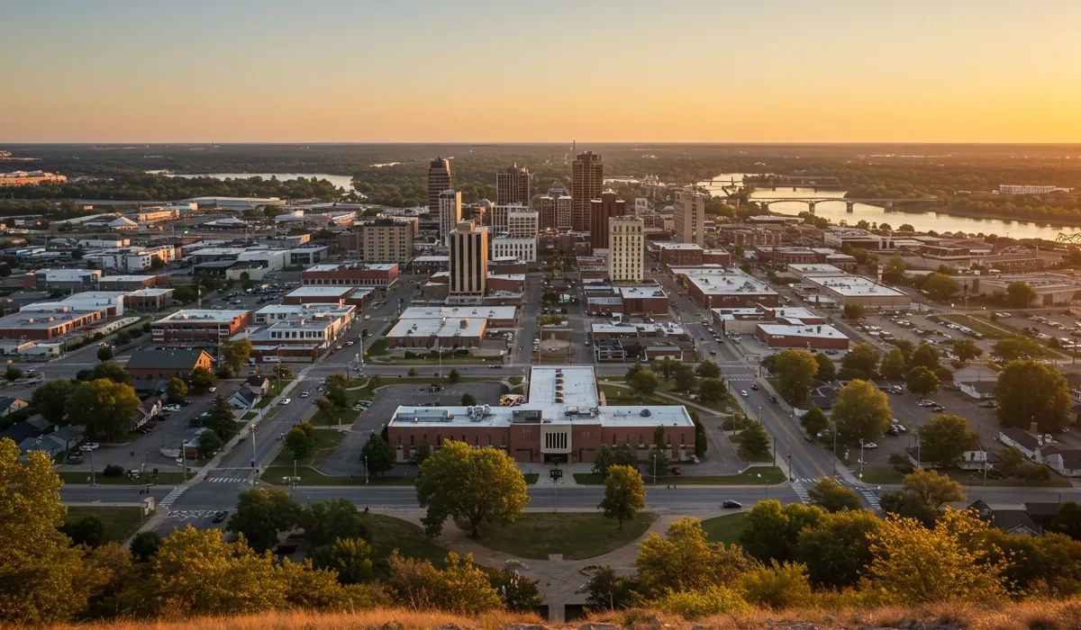 Panoramic view of Council Bluffs Iowa showcases a downtown area with a central brick building and surrounding streets Trees