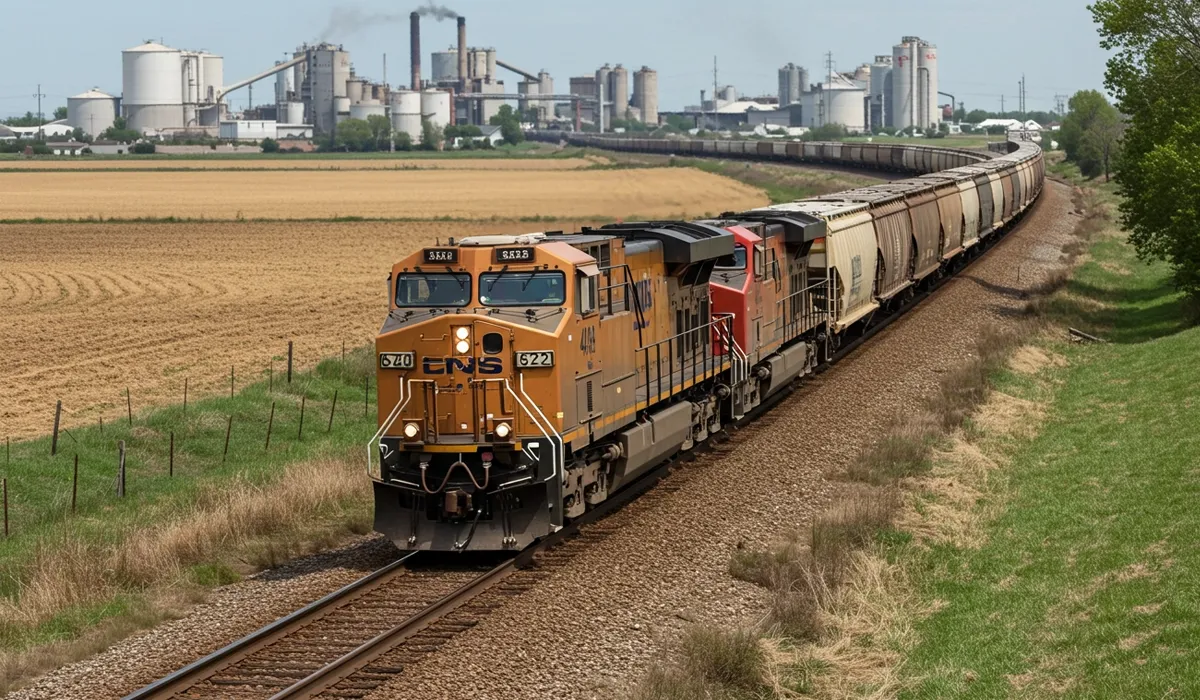 A freight train travels along a rural track surrounded by green fields and fences The trains locomotive is the primary