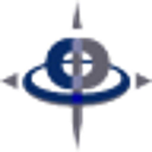 A blue and gray compass rose emblem features a sharp directional point centered within a circular design