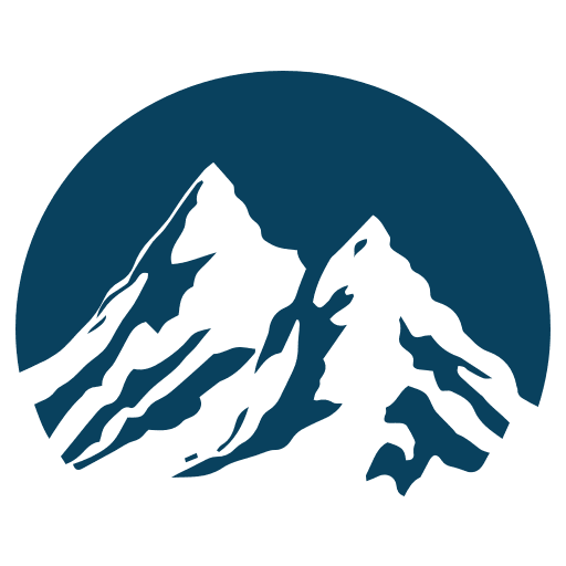 A stylized mountain crest logo features three prominent peaks in a dark silhouette against a circular backdrop