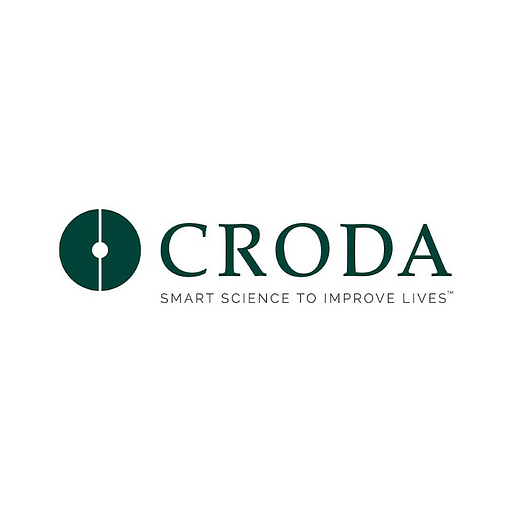 A white Croda Inc logo featuring a stylized design with a central circular shape and a geometric pattern