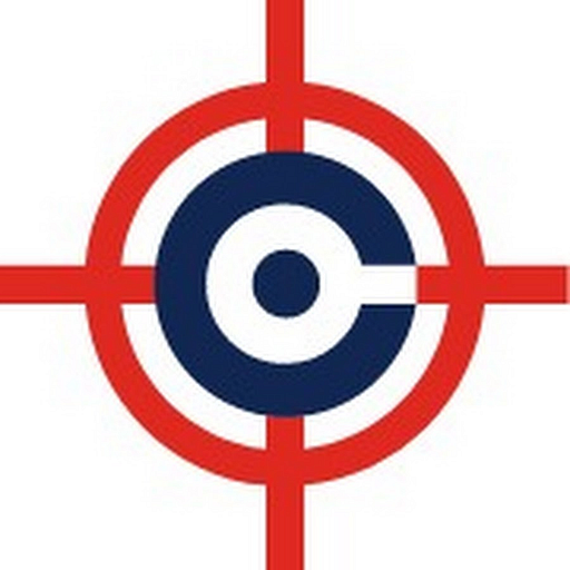 A white Crosman Corporation logo featuring a blue circle and red outline representing the companys iconic design
