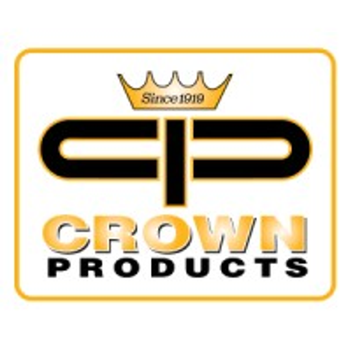 A white logo features a crown design with the words Crown Products in a dark font Its a simple and clean design