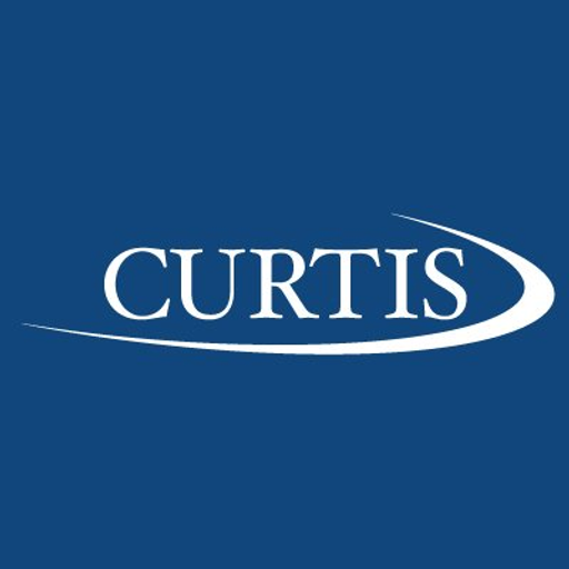 The Curtis and Co logo a white stylized airplane fuselage design against a dark background