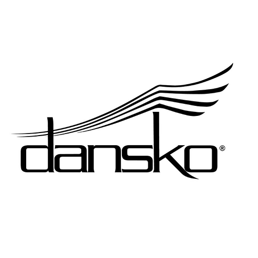 Dansko logo featuring a stylized shoe with a prominent heel and a bold sansserif font for the brand name