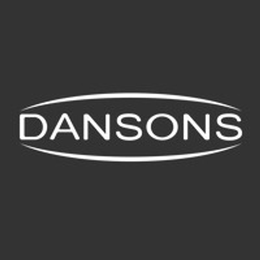 Dansons Inc logo featuring a stylized running figure silhouette in blue against a white background