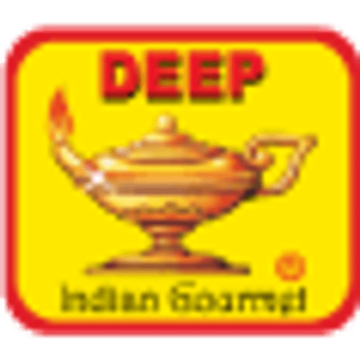 A golden deep foods inc logo depicts a stylized oil lamp with an ornate base and a flame detail conveying brand identity and