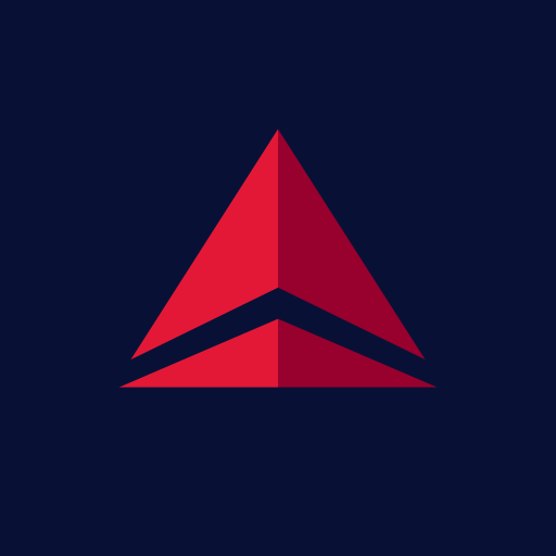 A stylized red delta corporate logo featuring a sharp angled form conveying speed and precision against a dark background