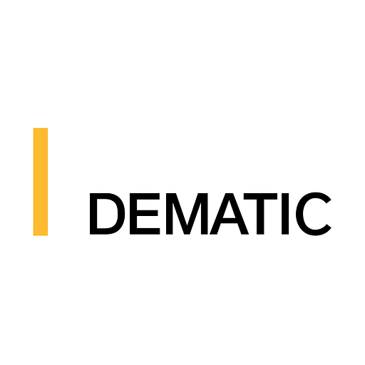 The Dematic logo is depicted a bright yellow rectangle with the company name Dematic in black
