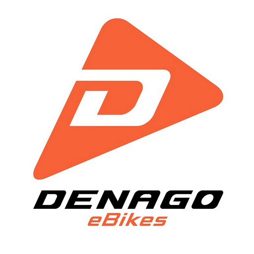 A stylized logo featuring Denago in bold black lettering against a vibrant red background The design incorporates a