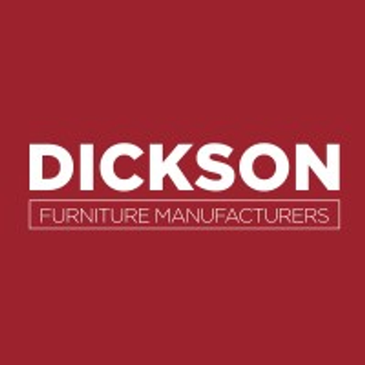 The image depicts the Dickson Furniture logo a white stylized shield featuring a dark red interior with a small stylized