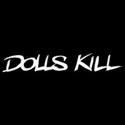 Dolls Kill logo featuring a stylized red and white skull with a fierce expression against a black background
