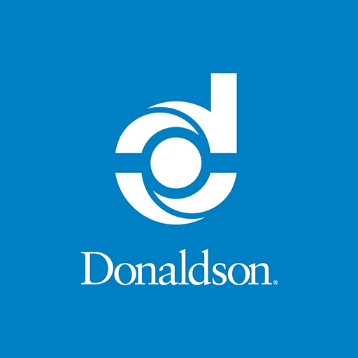 Donaldson logo featuring a white circular emblem on a blue background depicting a stylized rotor design representing