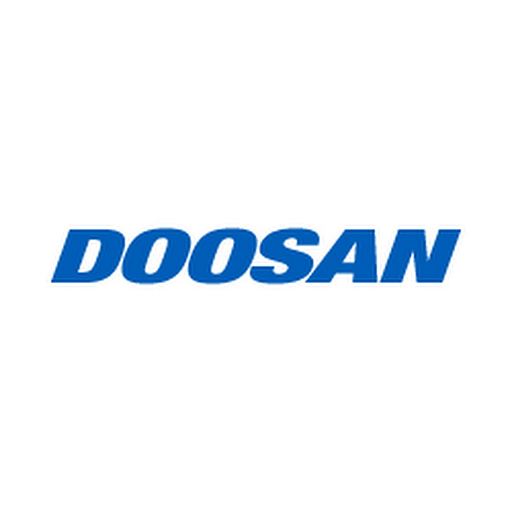 Doosan Industries logo featuring a vehicle design with a prominent blue color and a modern industrial aesthetic