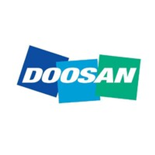 Doosan Infracore logo displays a blue square with a green square inside showcasing the brands identity and design
