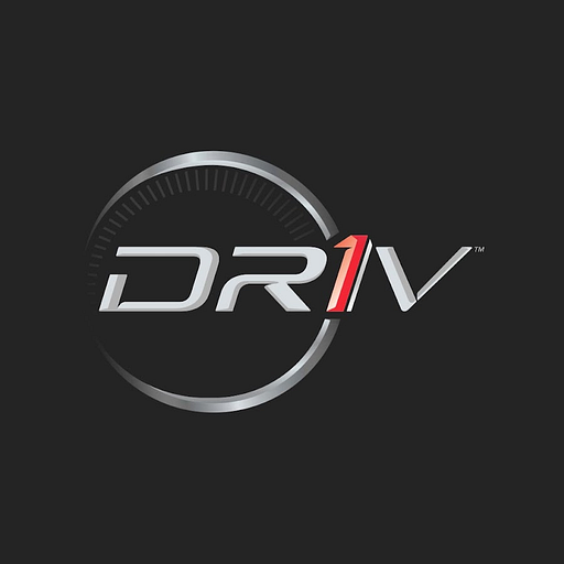 Drive logo featuring a stylized red and white gear design against a metallic gray background