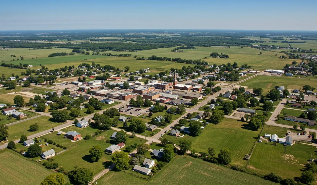 An aerial view of the historic downtown of Dupont Illinois showcasing wellmaintained buildings and green lawns