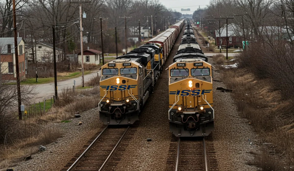 Two freight trains sit on a gravel track under a gray sky The trains are detailed with numbers and lights reflecting in the